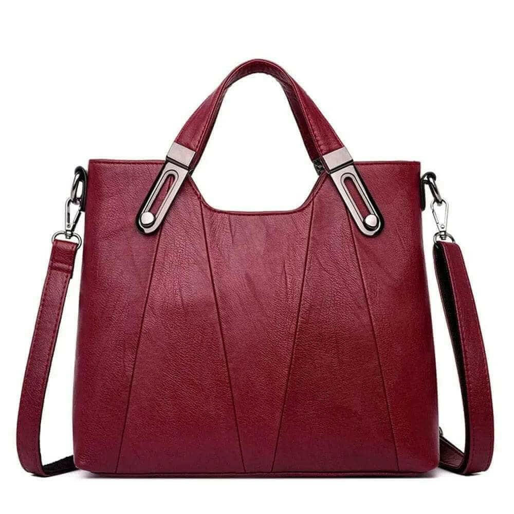 Stylish Genuine Leather Tote with Cell Phone Pocket Interior WineRed