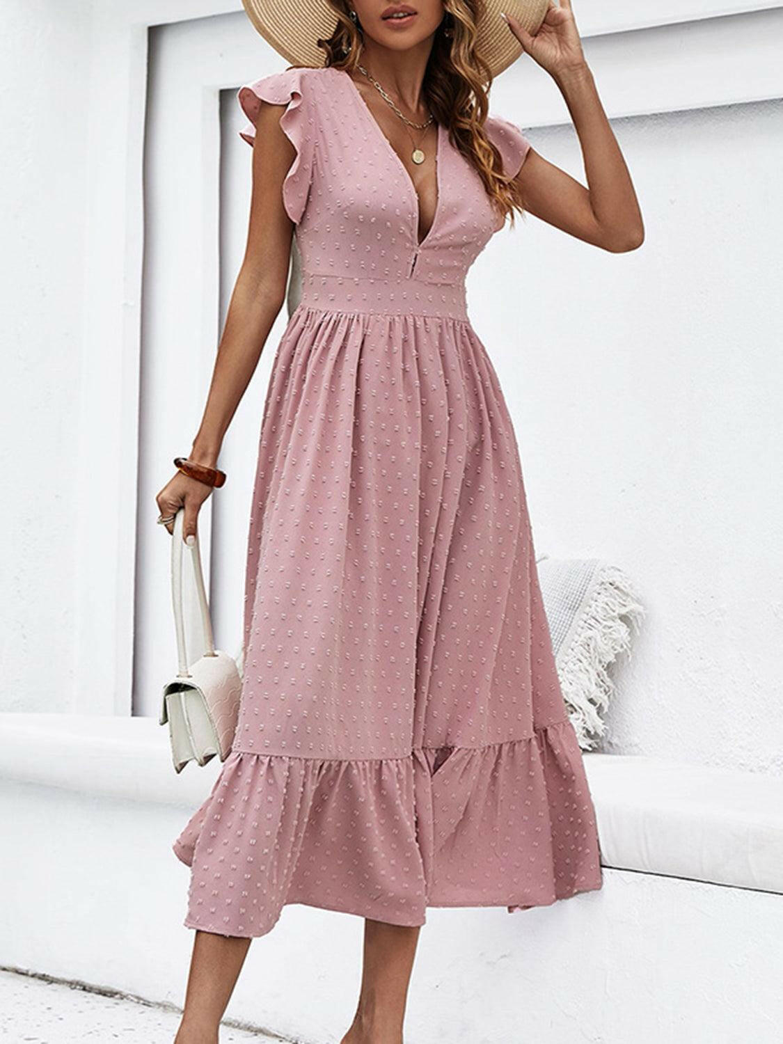 Ruffled Swiss Dot Plunge Dress - Perfect for a Night Out - Clearance Light Mauve