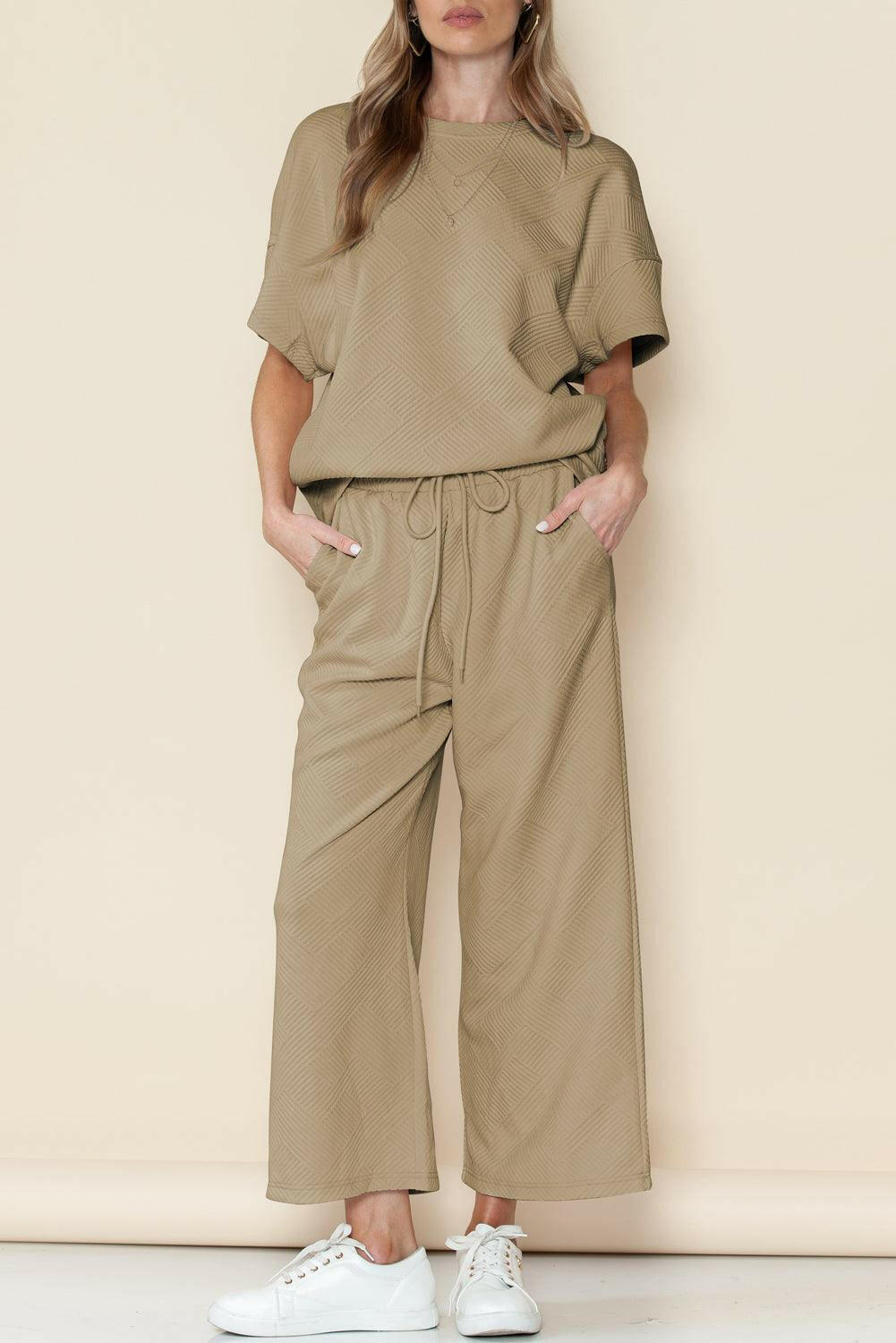 Textured Loose Fit T-Shirt and Drawstring Pants Set - Two Piece Pants Sets by The Nichole Collection