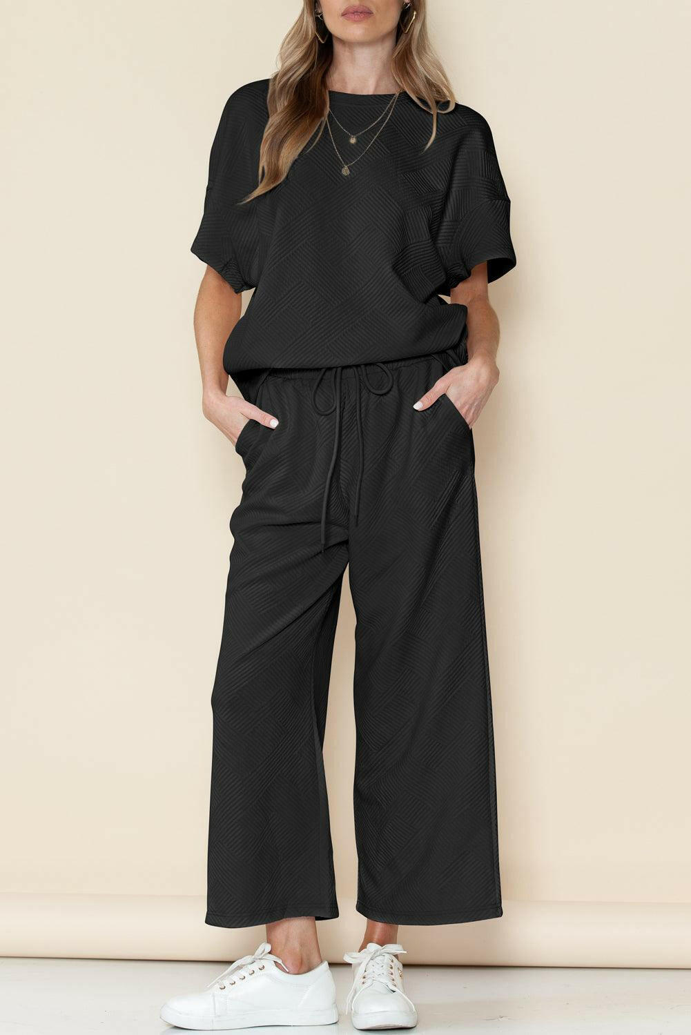 Textured Loose Fit T-Shirt and Drawstring Pants Set - Two Piece Pants Sets by The Nichole Collection