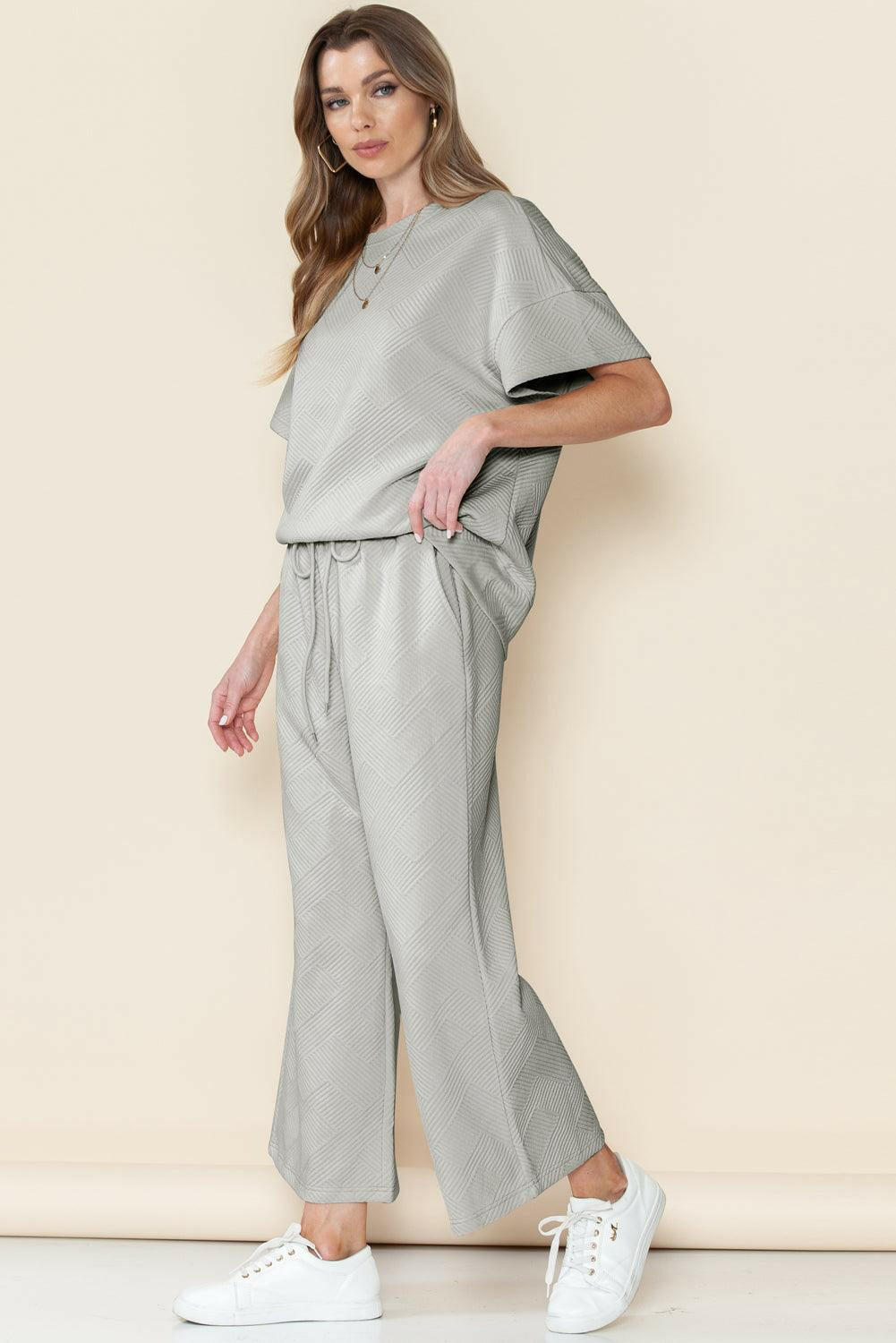 Textured Loose Fit T-Shirt and Drawstring Pants Set - Two Piece Pants Sets by The Nichole Collection