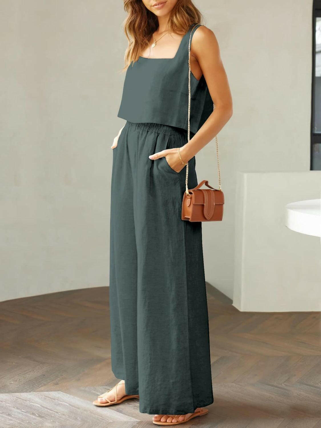 Trendy Square Neck Top and Wide Leg Pants Set