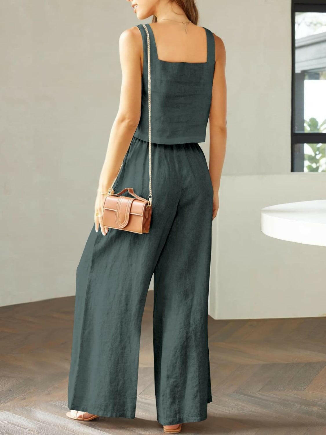 Trendy Square Neck Top and Wide Leg Pants Set