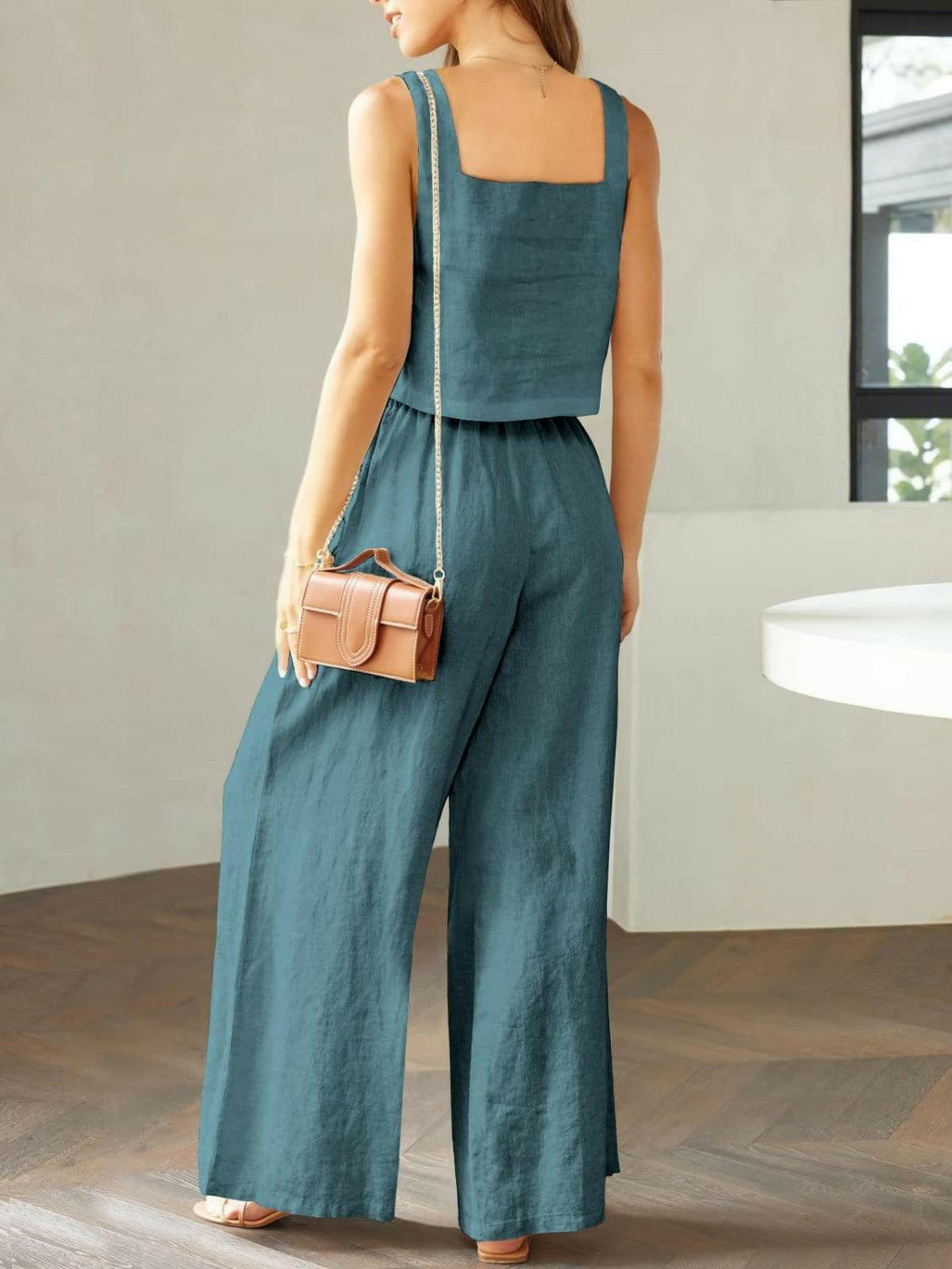 Trendy Square Neck Top and Wide Leg Pants Set