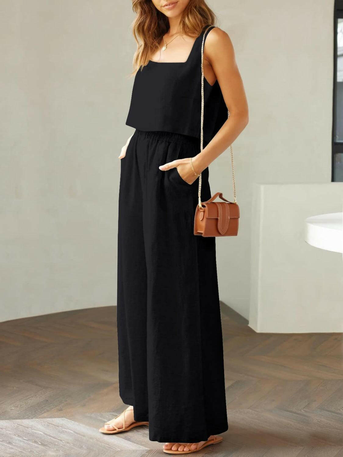 Trendy Square Neck Top and Wide Leg Pants Set