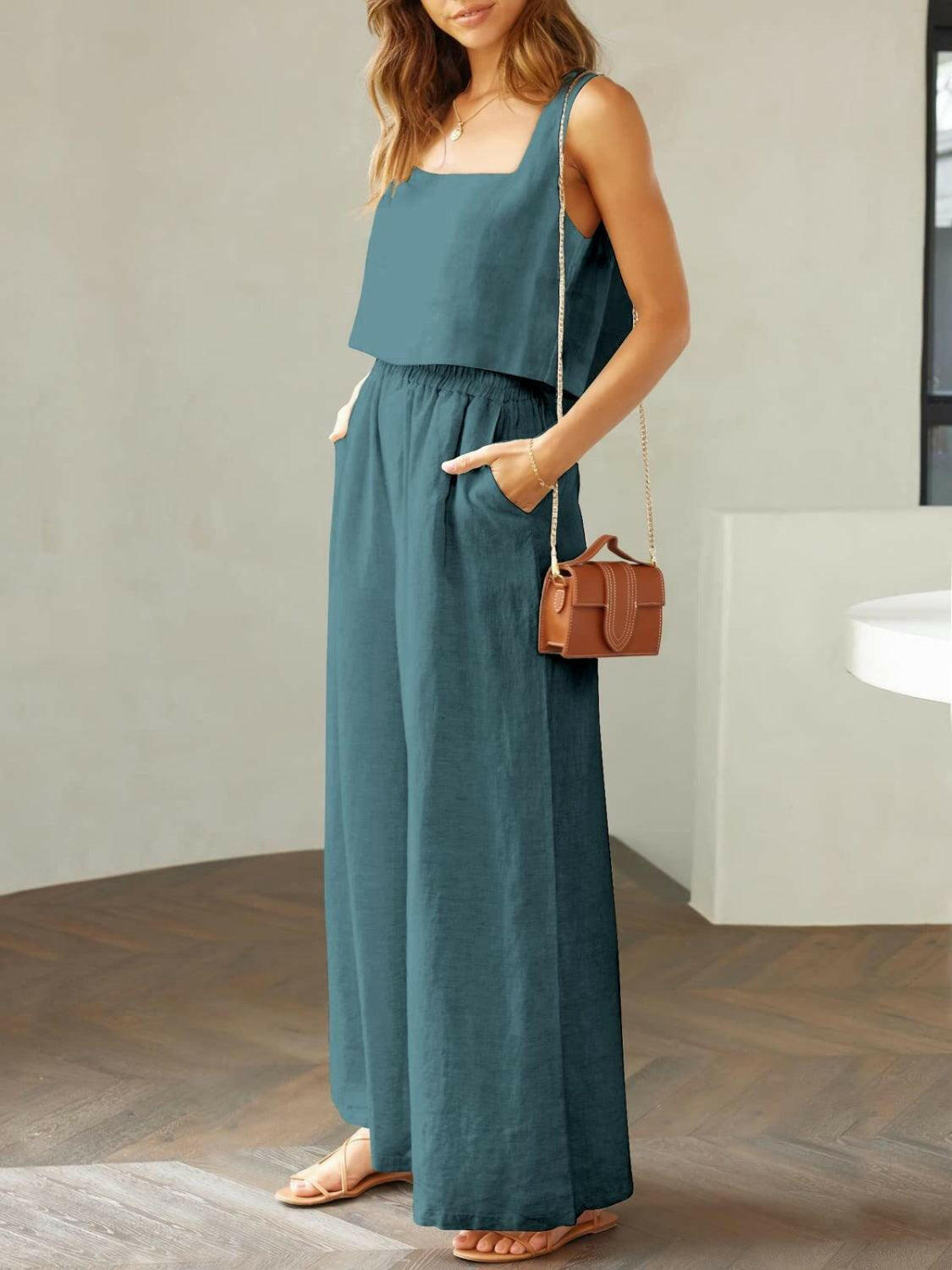 Trendy Square Neck Top and Wide Leg Pants Set