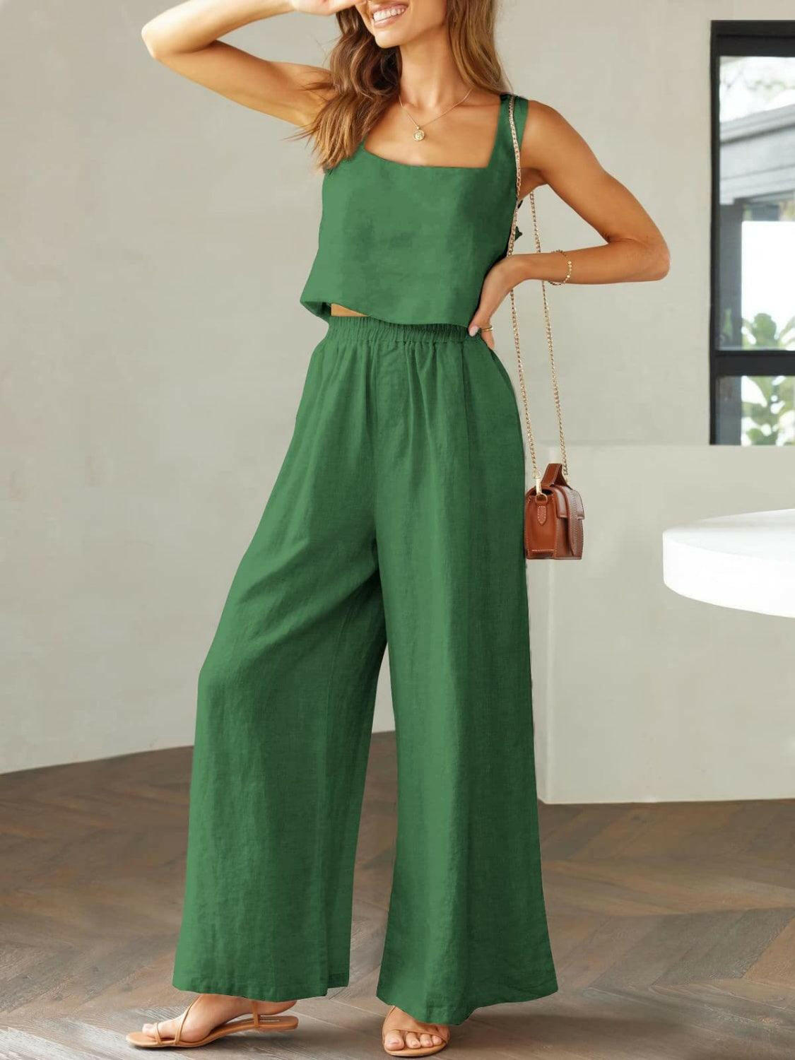 Trendy Square Neck Top and Wide Leg Pants Set