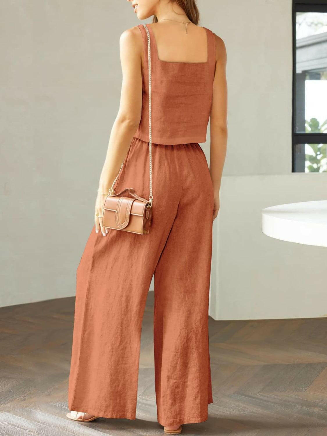 Trendy Square Neck Top and Wide Leg Pants Set