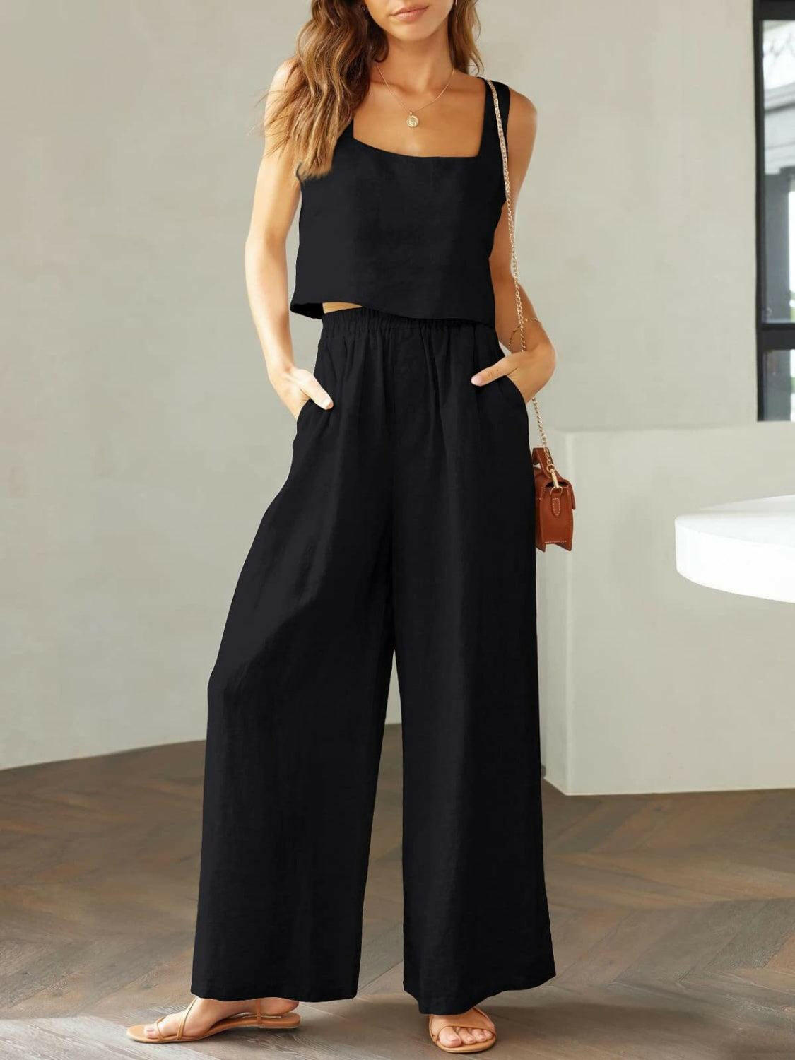 Trendy Square Neck Top and Wide Leg Pants Set Black