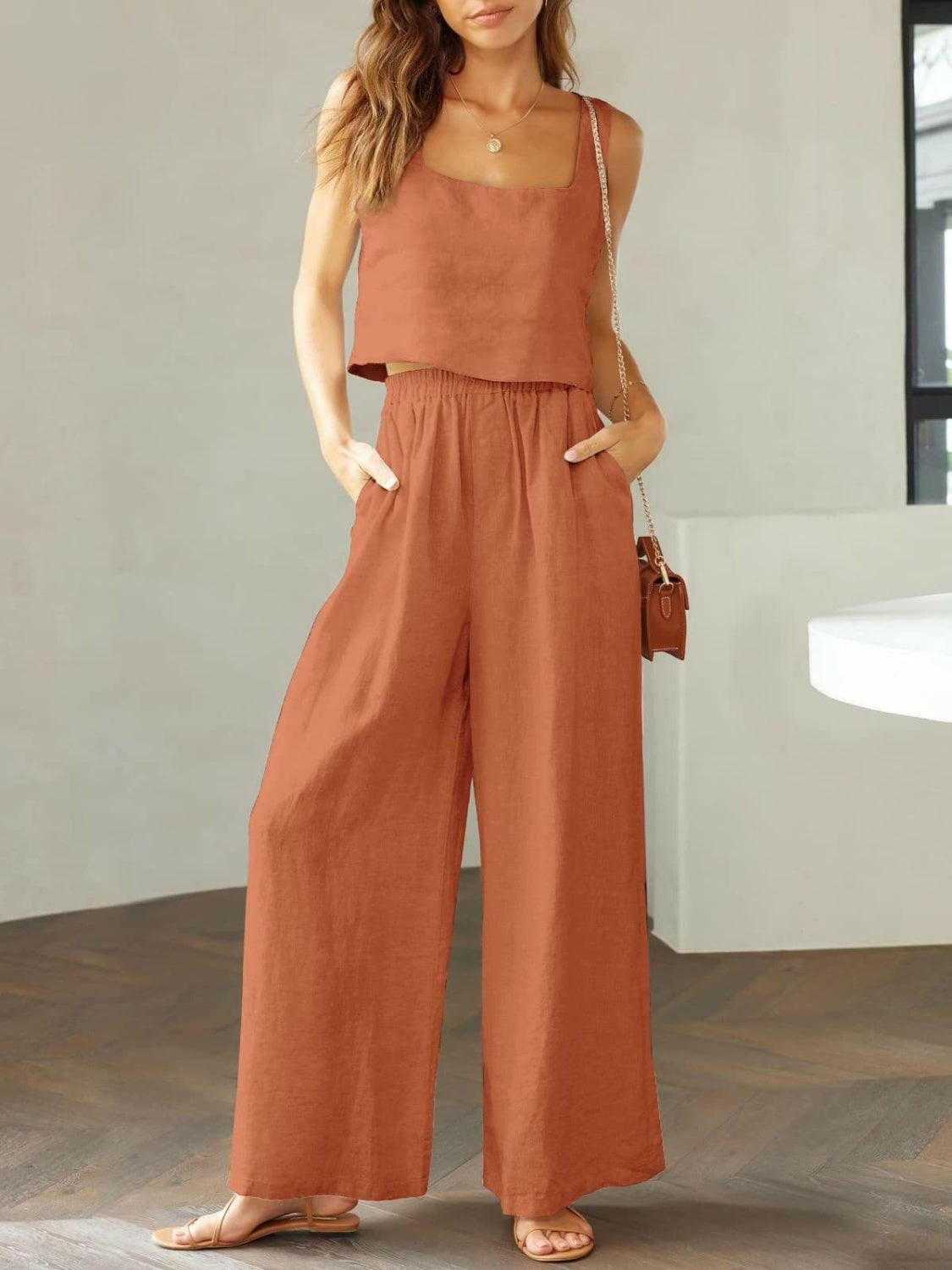 Trendy Square Neck Top and Wide Leg Pants Set Caramel