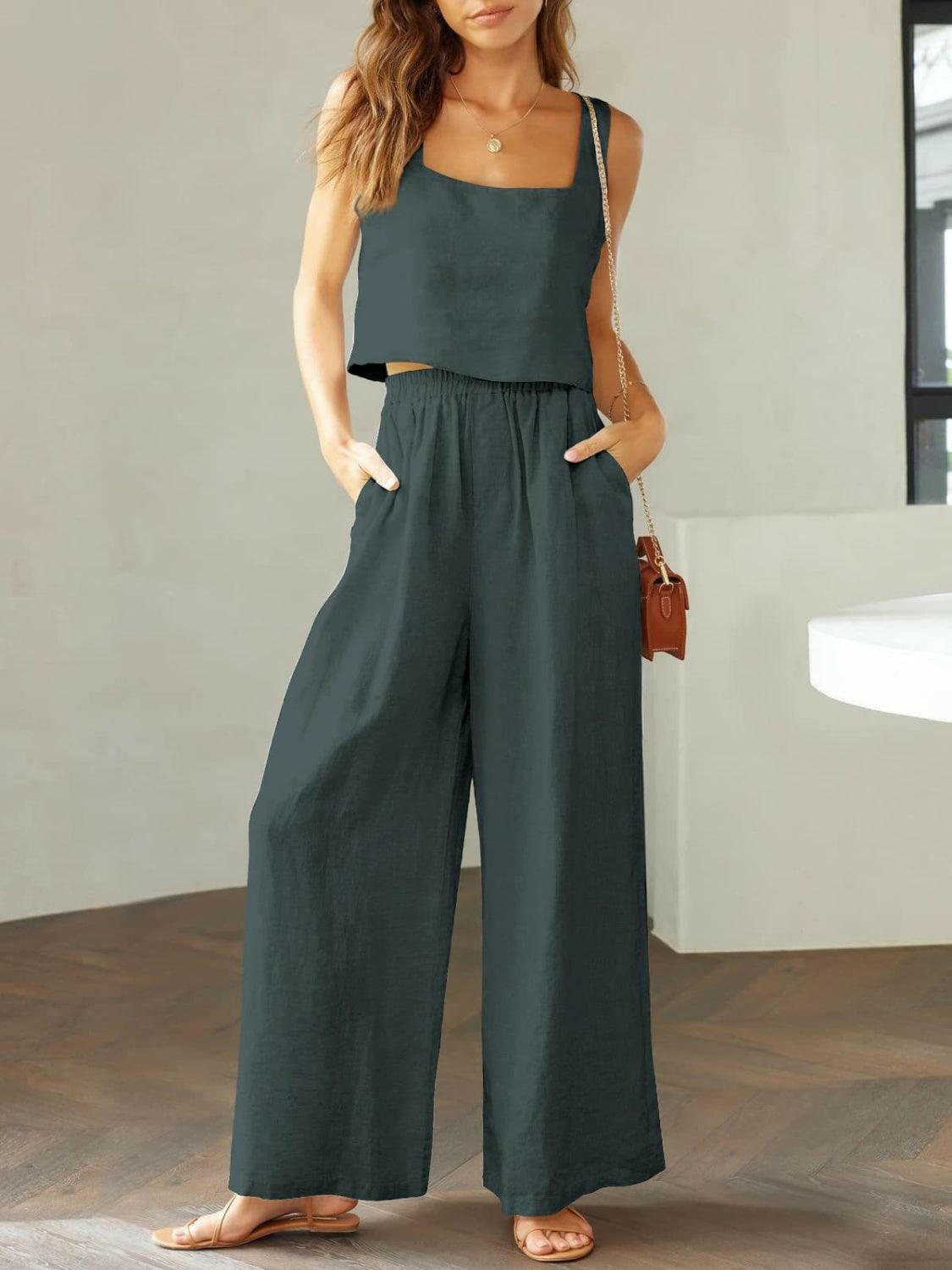 Trendy Square Neck Top and Wide Leg Pants Set Dark Gray