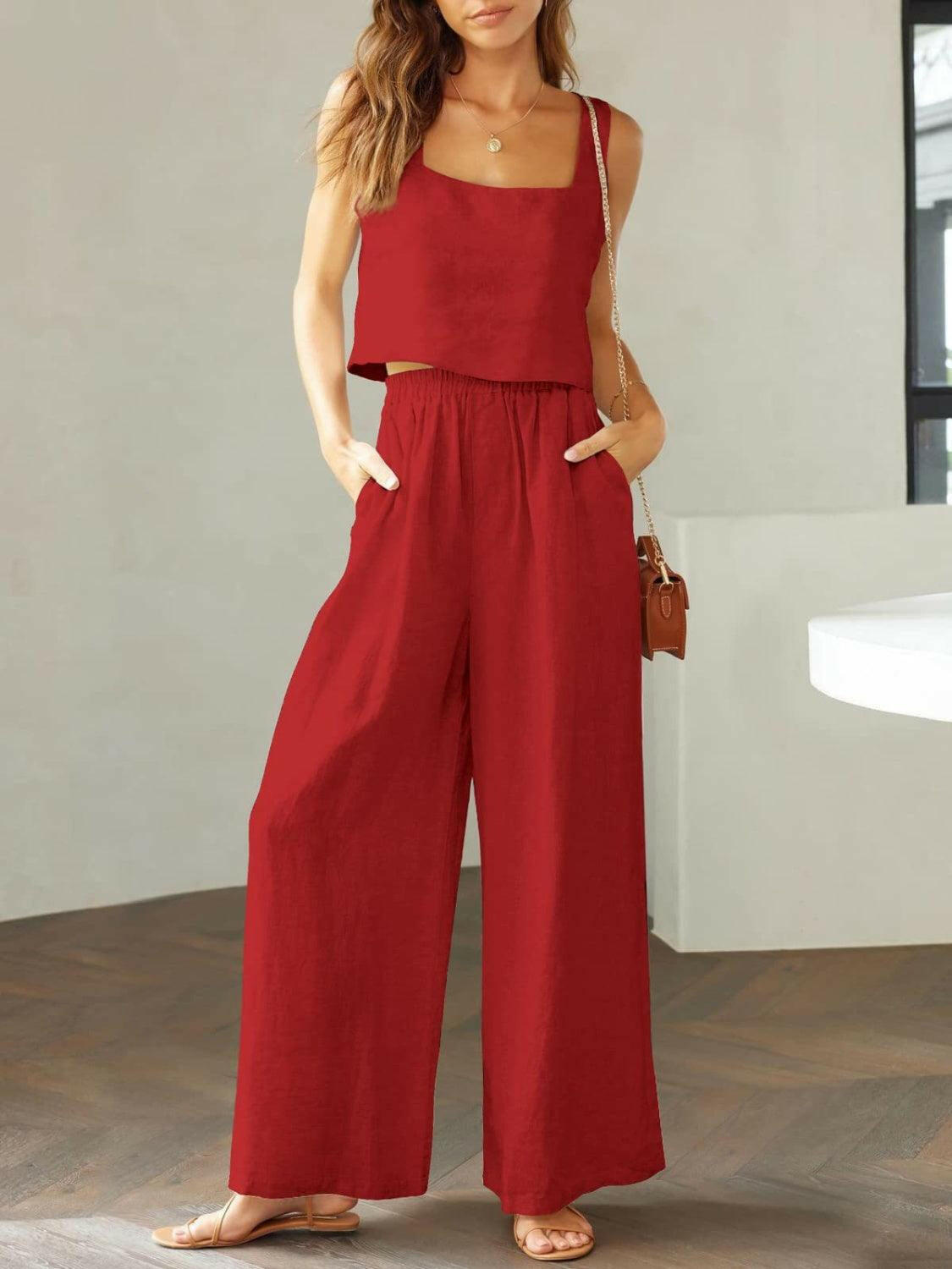 Trendy Square Neck Top and Wide Leg Pants Set Deep Red