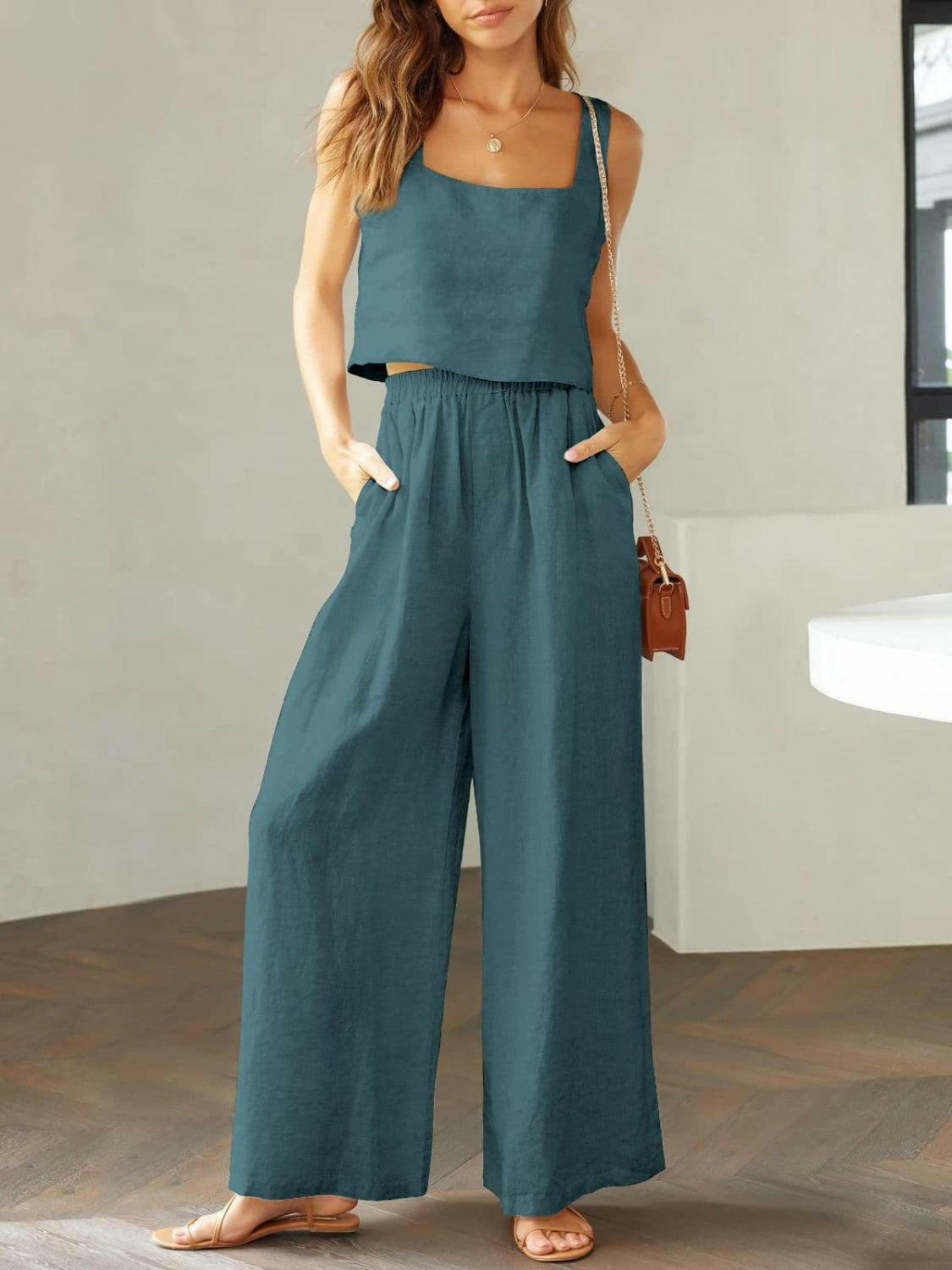 Trendy Square Neck Top and Wide Leg Pants Set Teal