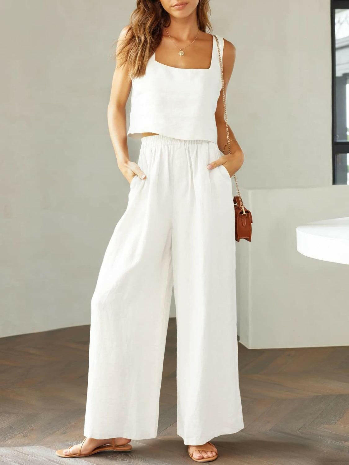 Trendy Square Neck Top and Wide Leg Pants Set White