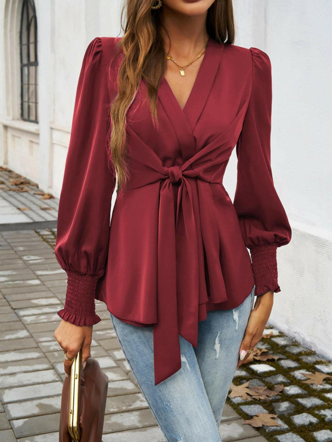 Women's Soft Smocked Long Sleeve Blouse Burgundy