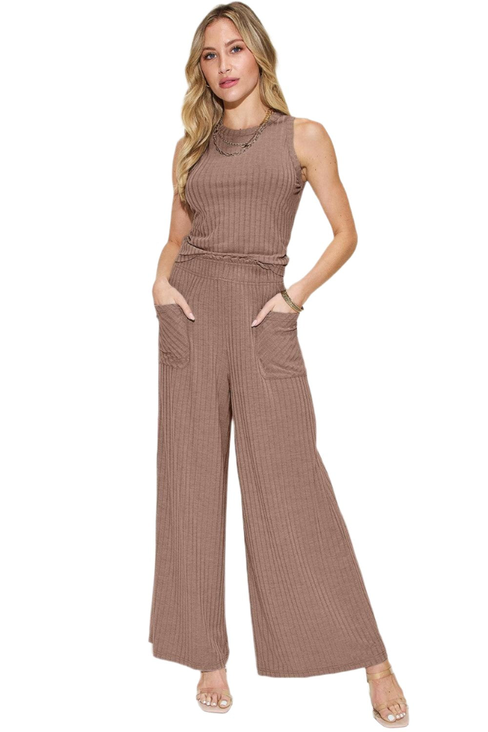 Women's Trendy Stretch Ribbed Tank & Wide Pants Set Mocha