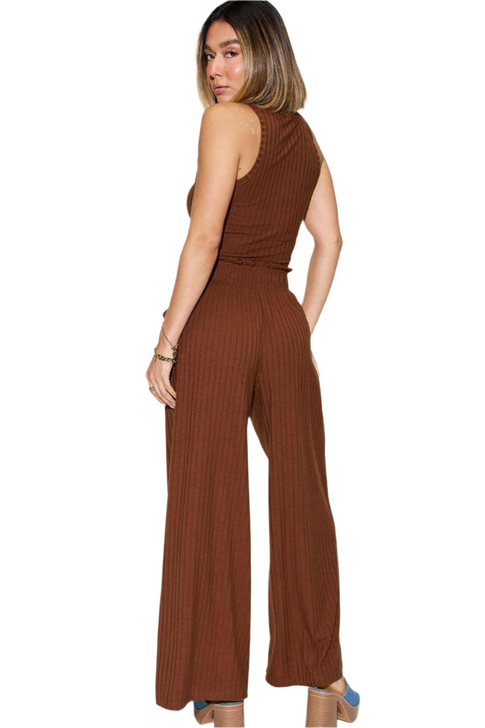 Women's Trendy Stretch Ribbed Tank & Wide Pants Set