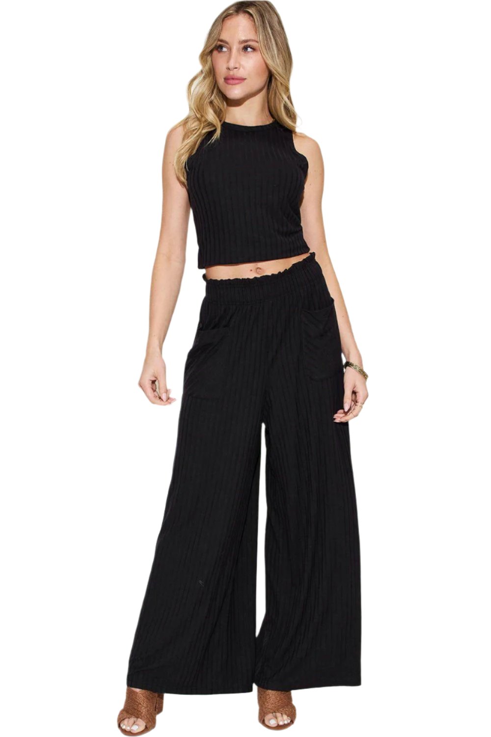 Women's Trendy Stretch Ribbed Tank & Wide Pants Set Black