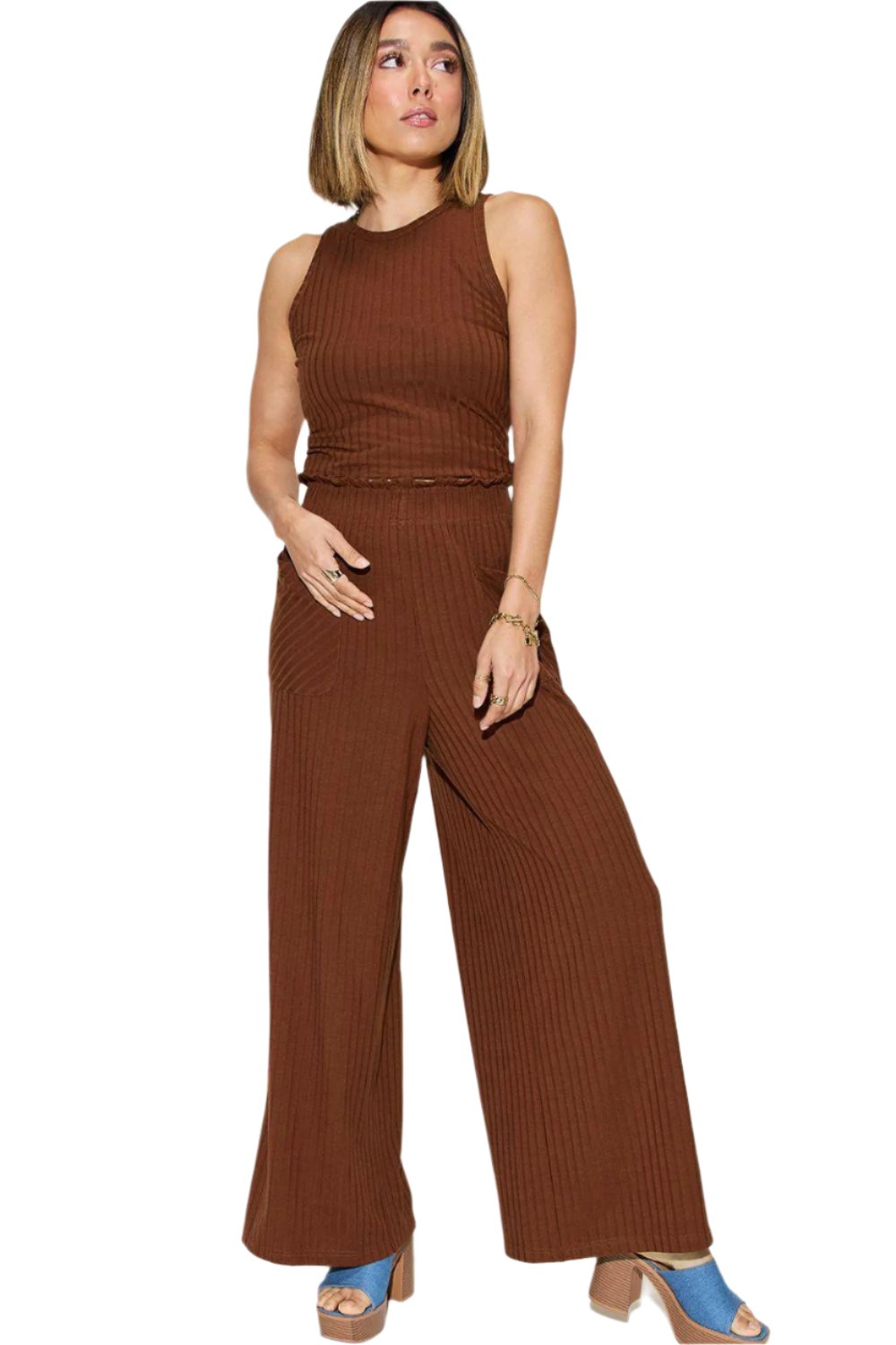 Women's Trendy Stretch Ribbed Tank & Wide Pants Set Dark Brown