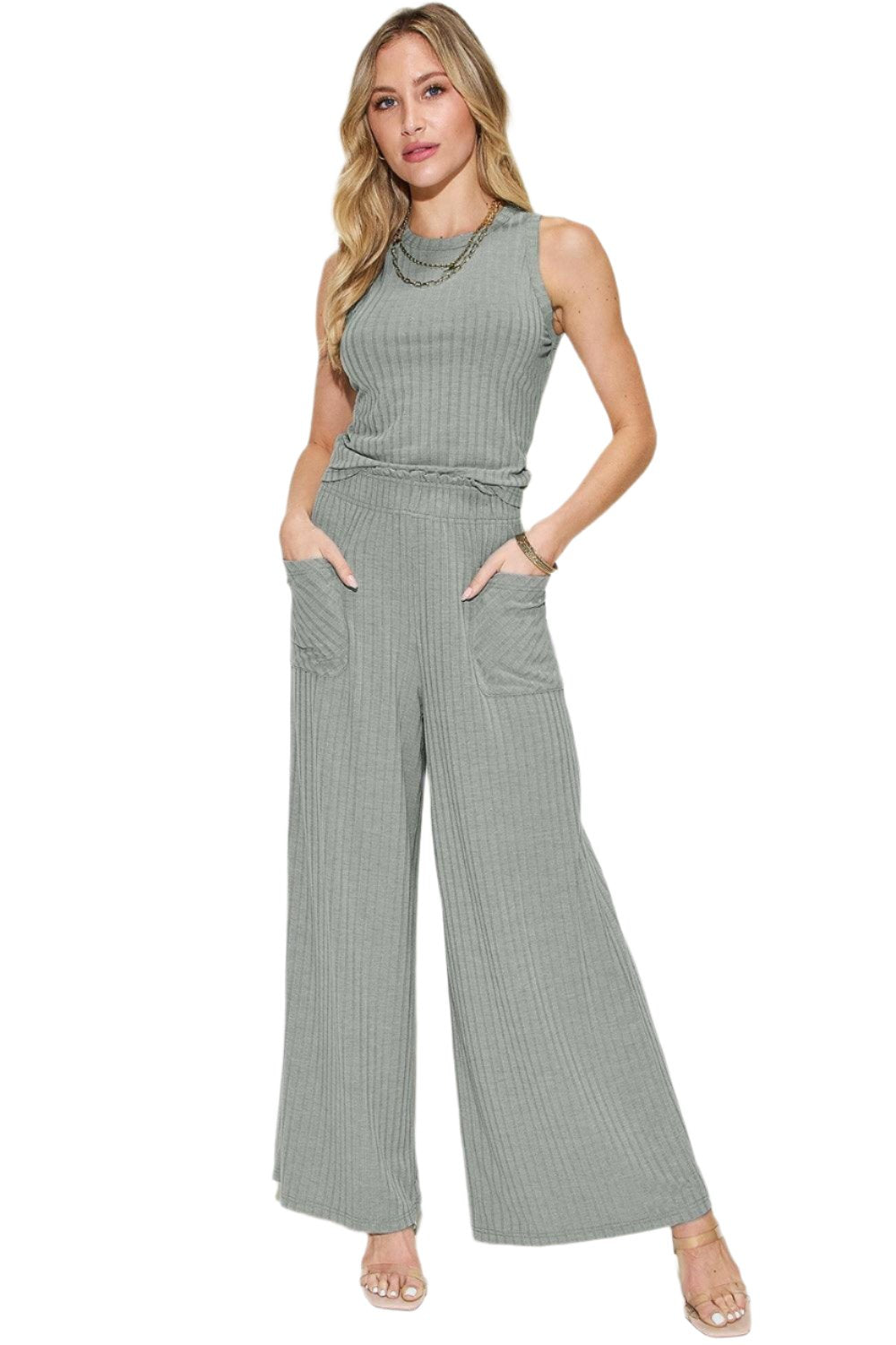 Women's Trendy Stretch Ribbed Tank & Wide Pants Set Gray