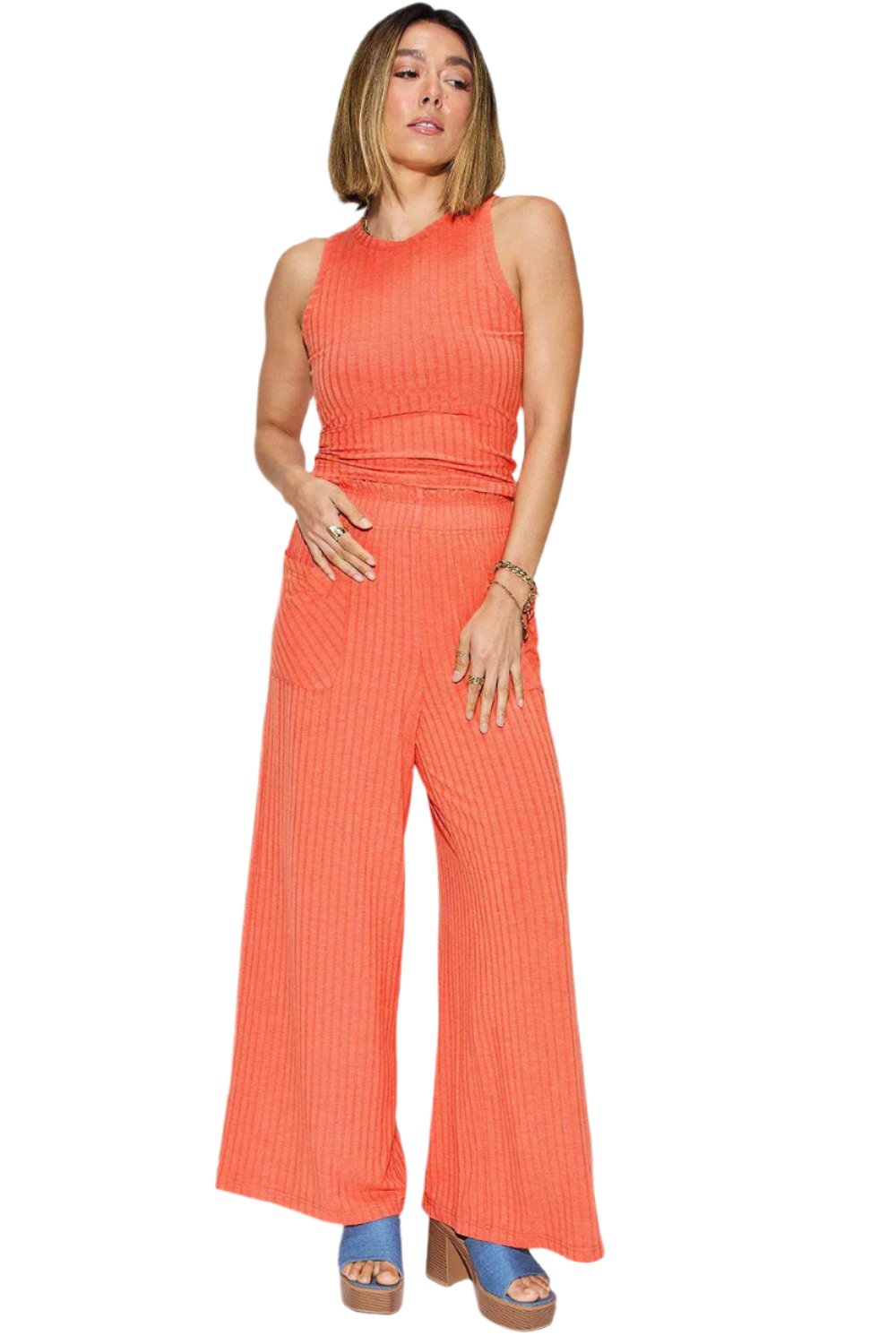 Women's Trendy Stretch Ribbed Tank & Wide Pants Set Orange